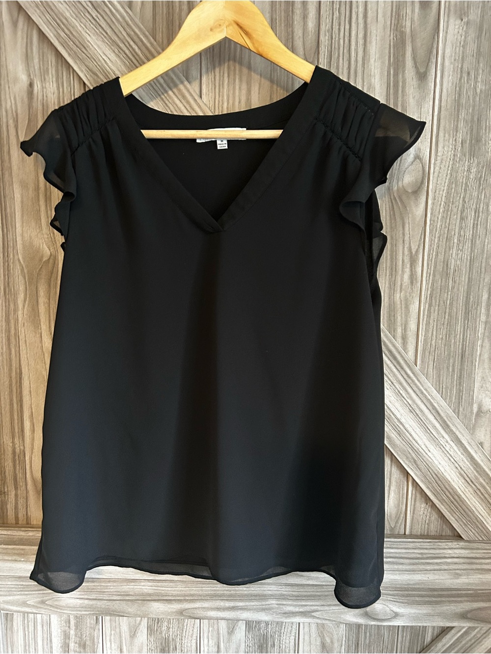 Rose + Olive Black Sheer Flutter Sleeve Blouse - Size Medium